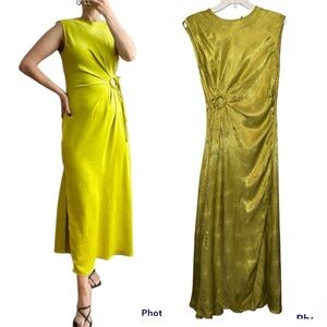 HOUSE OF HARLOW 1960 Revolve Satin Dress Side Slit Keyhole Maxi Olive Gr…